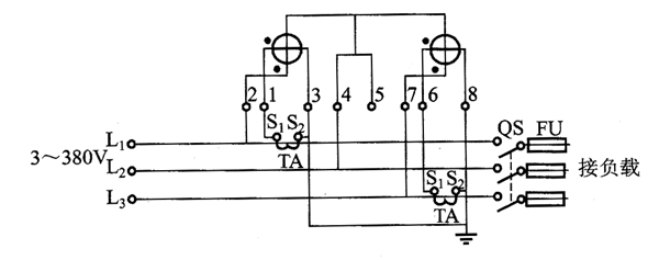 DS型三相三线有功电能表配电流互感器的接线原理图