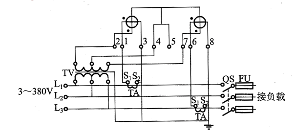 DS型三相三线有功电能表配电压互感器、电流互感器接线原理图